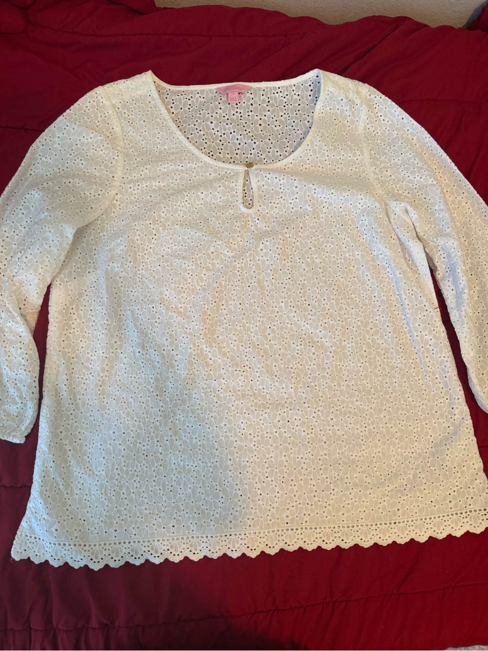 Lilly Pulitzer White Eyelet Keyhole Blouse Size Xl Long Sleeve